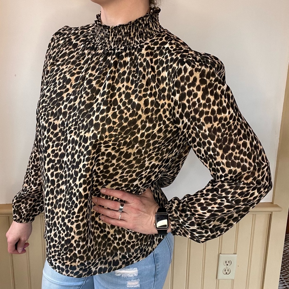 J Crew Long Sleeve Mockneck Top Womens Trending Cheeta Print Puff Sleeve Lined